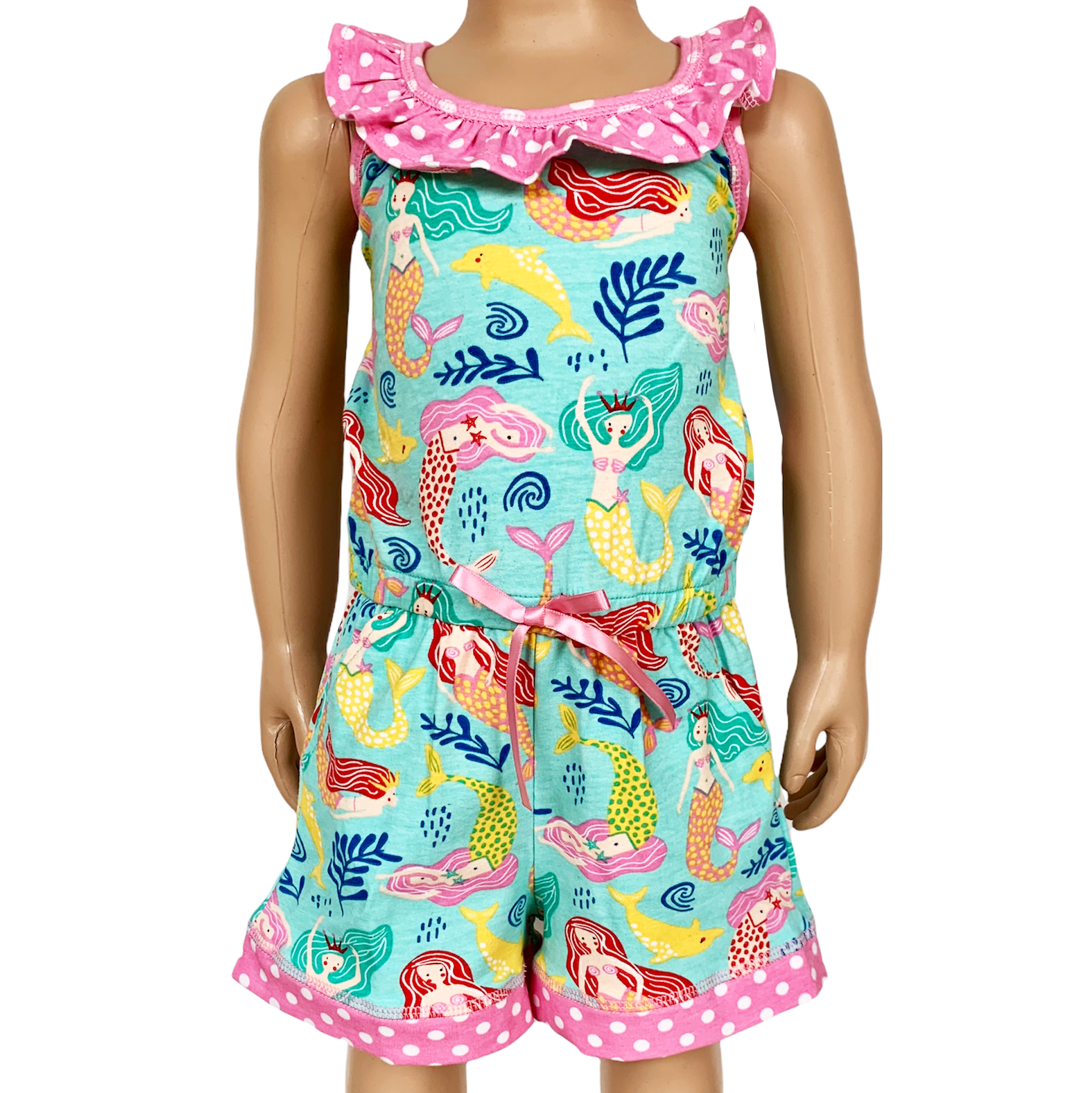 AnnLoren Girls Boutique Nautical Mermaid Jumpsuit featuring criss-cross straps and a bow, perfect for spring and summer.